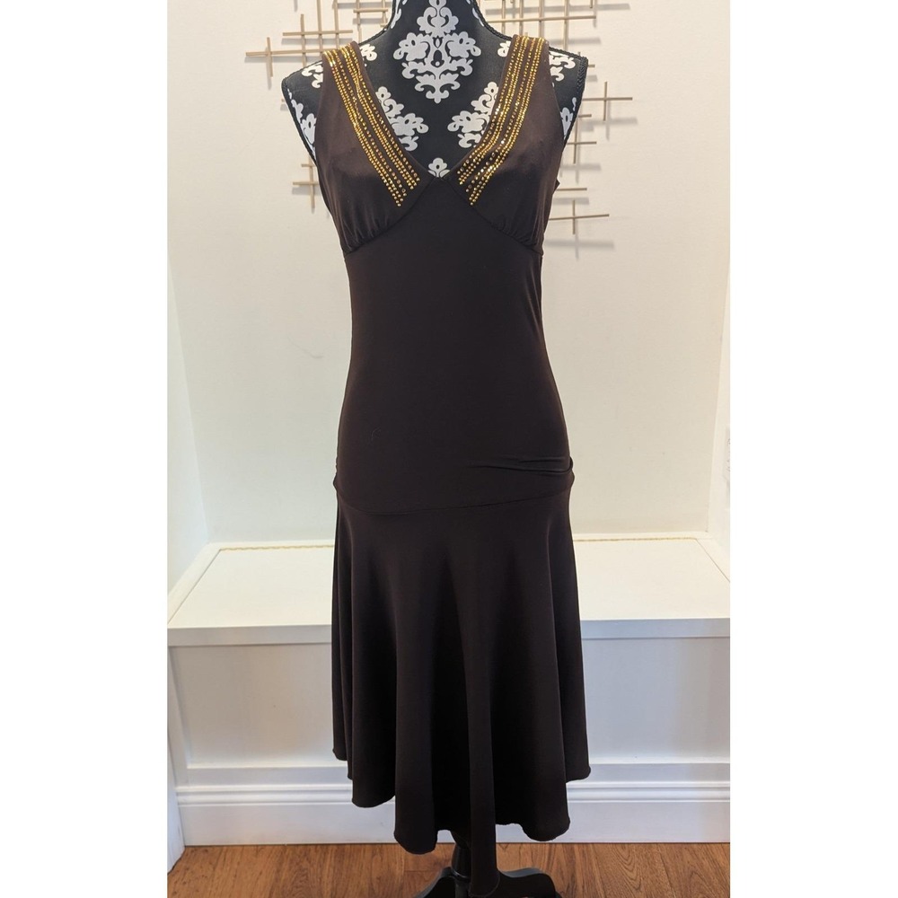 Vtg Y2K Ruby Rox Midi Drop Waist Dress Brown Gold Studded Handkerchief Hem Sz M